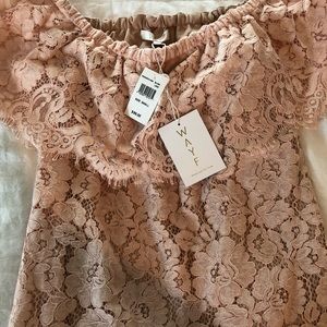 WAYF pink lace dress. Off the shoulder